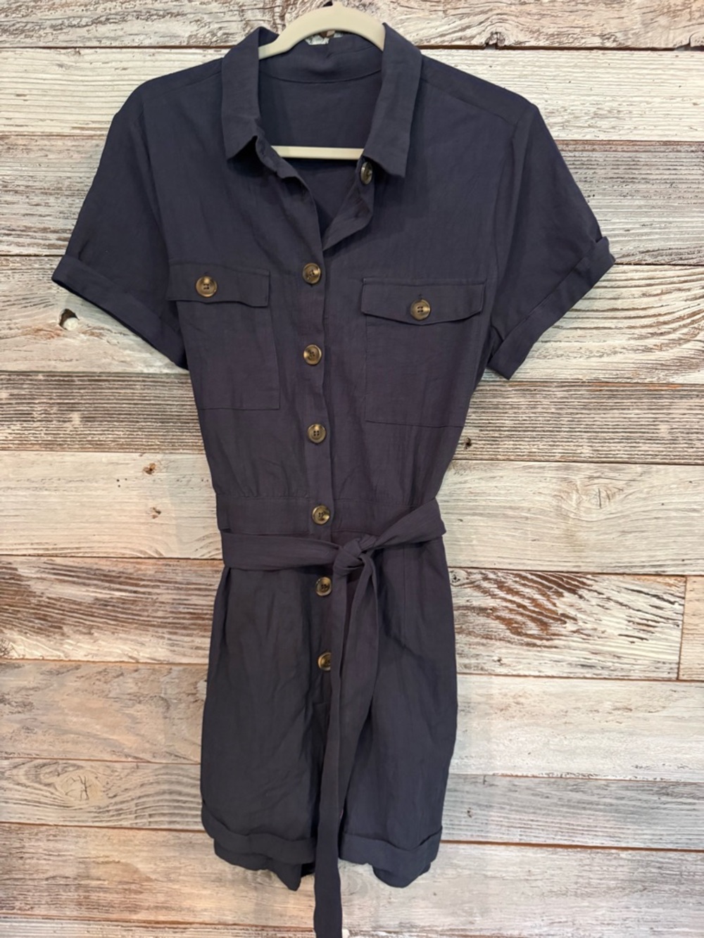Women's Short-Sleeve Button-Front Shorts Romper in Navy Blue